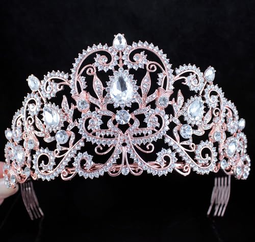 Janefashions Victorian Clear White Austrian Rhinestone Crystal Tiara Crown With Hair Combs Princess Queen Headband Headpiece Jewelry Beauty Contest Birthday Bridal Prom Pageant T1505 (Rose Gold Plated) - Image 5