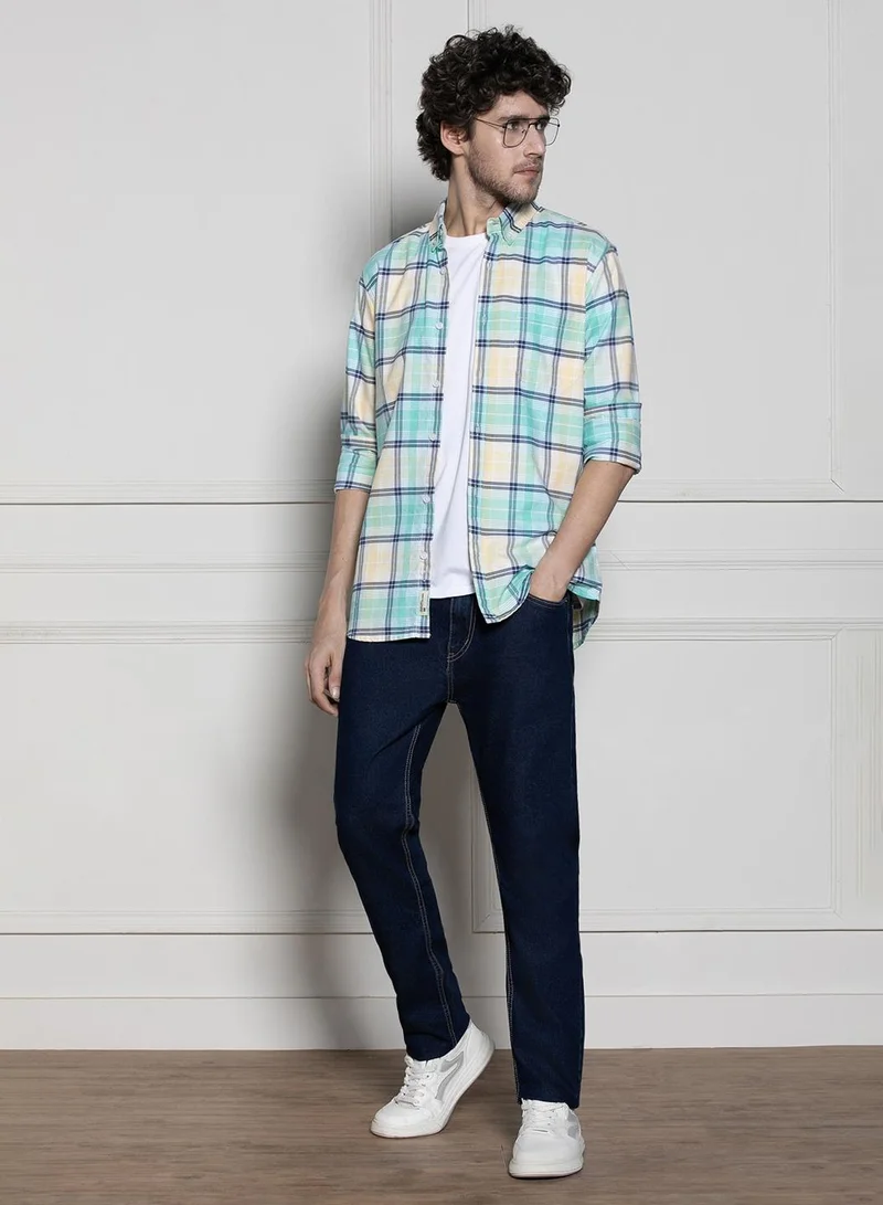 دينيس لينغو Regular Fit Green 100% Cotton Checked Shirt for Men - Spread Collar, Full Sleeves, Casual