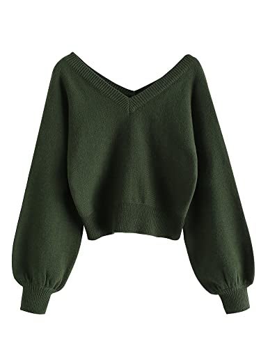 ZAFUL Women's Cropped Sweater V-Neck Long Sleeve Crop Sweater Pullover Jumper Knit Top (1-Green, S) - Image 1