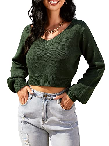 ZAFUL Women's Cropped Sweater V-Neck Long Sleeve Crop Sweater Pullover Jumper Knit Top (1-Green, S) - Image 5