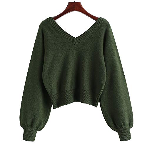 ZAFUL Women's Cropped Sweater V-Neck Long Sleeve Crop Sweater Pullover Jumper Knit Top (1-Green, S) - Image 2