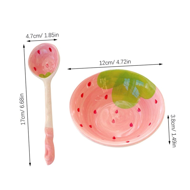 Ceramic Strawberry Print Rice Soup Bowl Set with Spoon Easy Clean Kitchen Serving Dish - Image 3