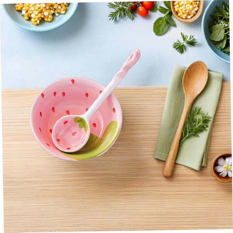 Ceramic Strawberry Print Rice Soup Bowl Set with Spoon Easy Clean Kitchen Serving Dish - Image 5