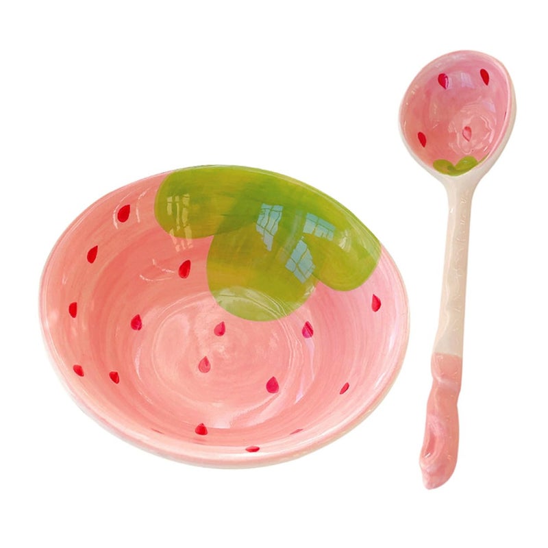 Ceramic Strawberry Print Rice Soup Bowl Set with Spoon Easy Clean Kitchen Serving Dish - Image 2