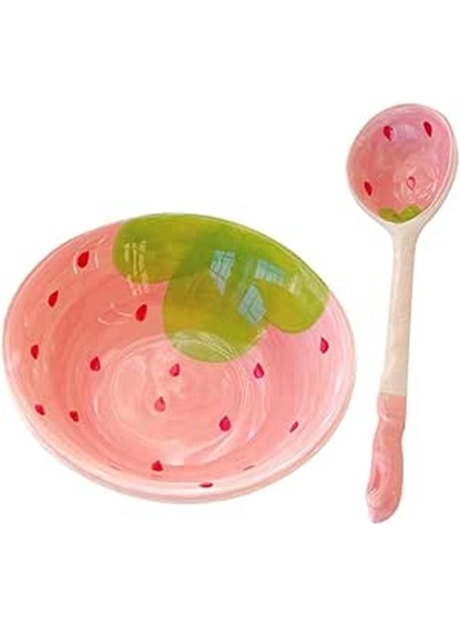 Ceramic Strawberry Print Rice Soup Bowl Set with Spoon Easy Clean Kitchen Serving Dish - Image 1