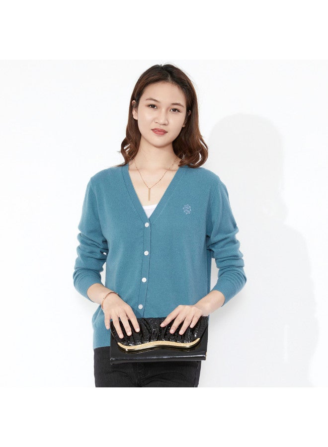 Hengyuanxiang Solid Color Rhinestone Pure Wool V-Neck Cardigan Warm Wool Cardigan Coat - Image 2