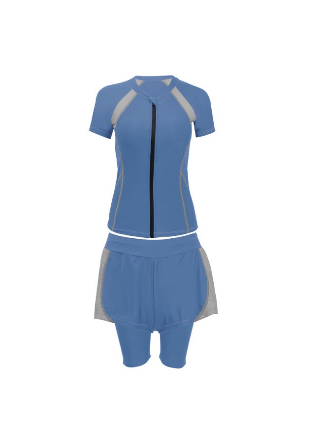 Generic Swimsuit Women's Conservative Split Five-point Three-piece Suit Plus Size Chubby Girl Girl Meat Covering Student Sports Swimming-Color:Light Blue-Size:3XL - Image 1