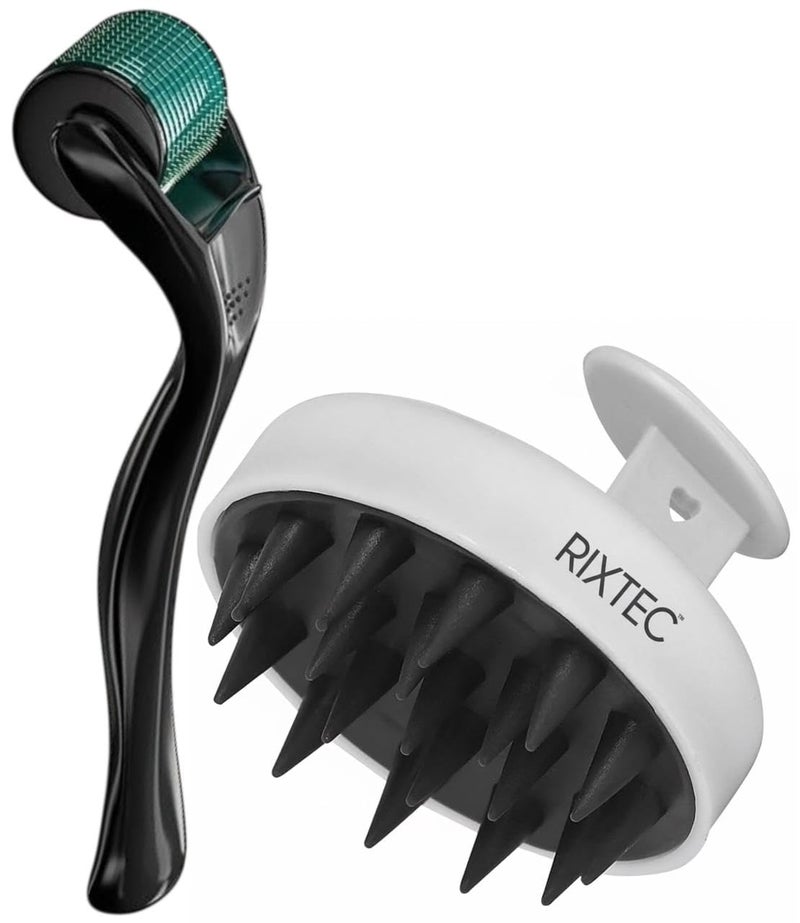 RIXTEC 0.5 mm Derma Roller For Hair Growth With 540 Titanium Alloy Needles With Scalp Massager Shampoo Brush | Repairs Damaged Hair, Activates Hair Follicles | Roller for Beard & Hair Growth & Reduces Acne Scars - Image 1