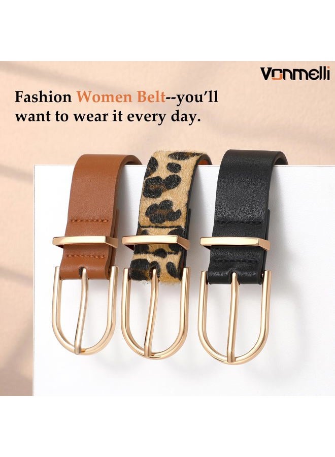 VONMELLI 3 Pack Women's Belts for Jeans Pants Fashion Gold Buckle Ladies Dress Belt Black+Brown+Leopard Print M - Image 3