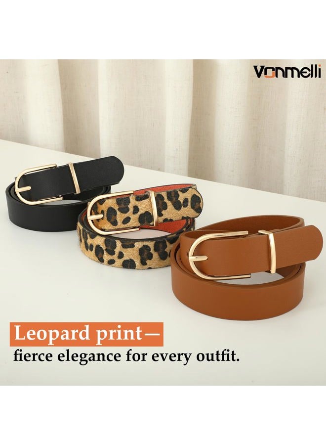 VONMELLI 3 Pack Women's Belts for Jeans Pants Fashion Gold Buckle Ladies Dress Belt Black+Brown+Leopard Print M - Image 5