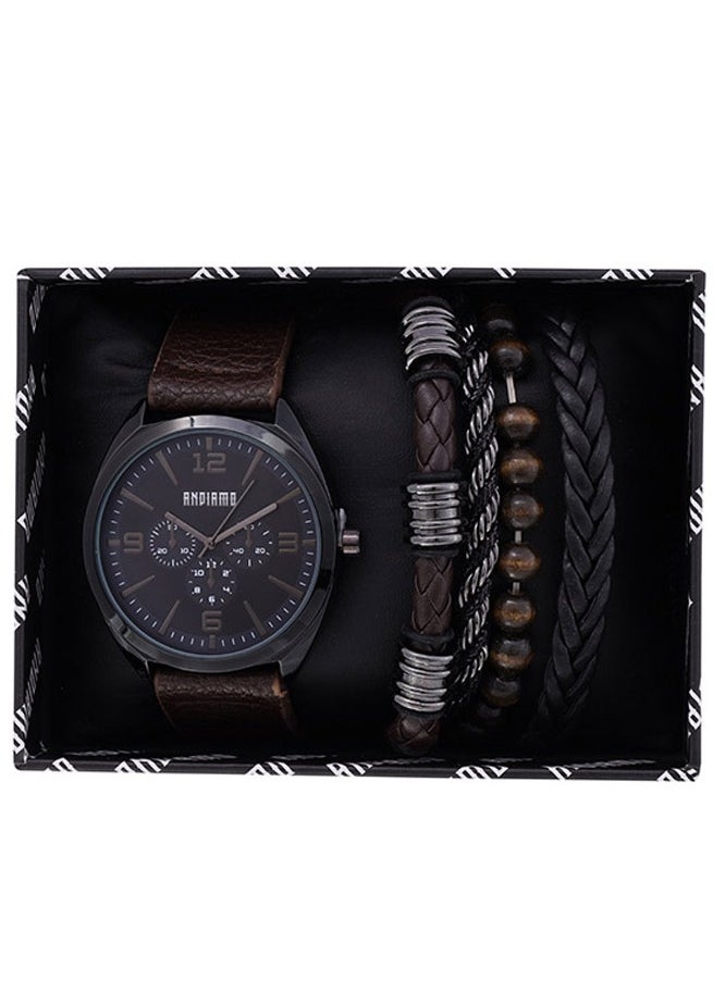 ANDIAMO Men's Analog Black Case Brown Leather Strap Set Watch 