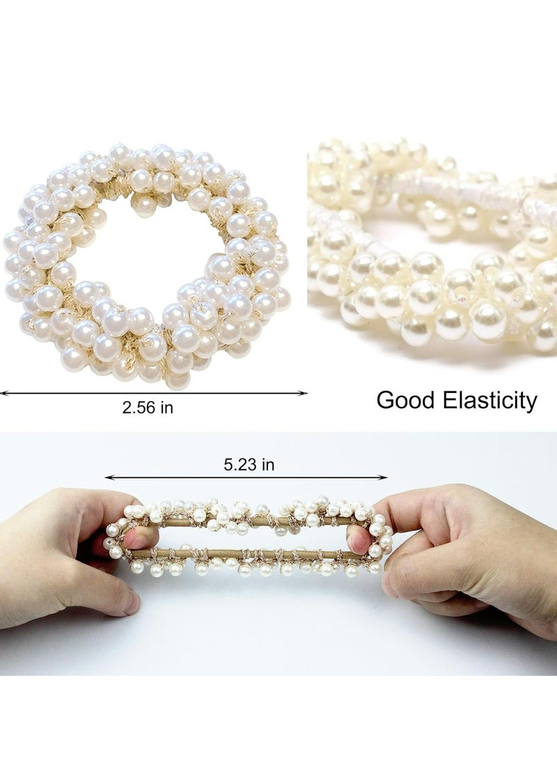 إسكدنيا 6 قطع ربطات شعر مرنة من اللؤلؤ، ربطات شعر مرنة من اللؤلؤ للنساء والفتيات باللون الأبيض والذهبي والوردي - Image 3