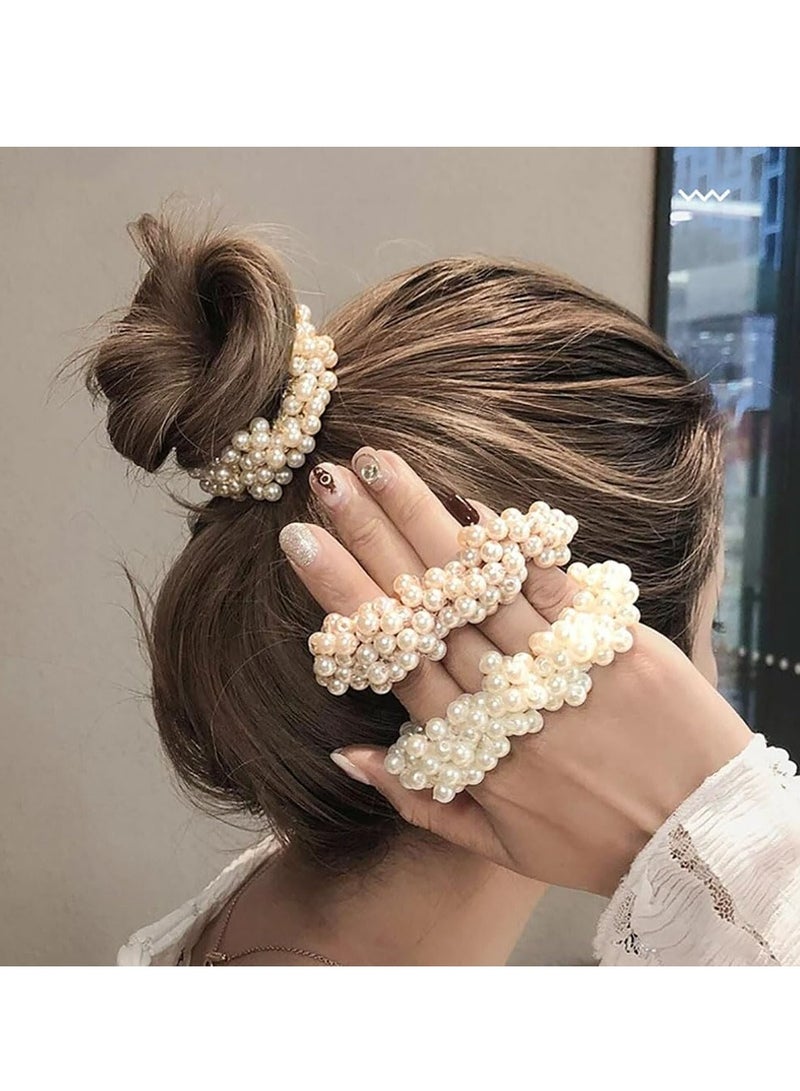 إسكدنيا 6 قطع ربطات شعر مرنة من اللؤلؤ، ربطات شعر مرنة من اللؤلؤ للنساء والفتيات باللون الأبيض والذهبي والوردي - Image 2