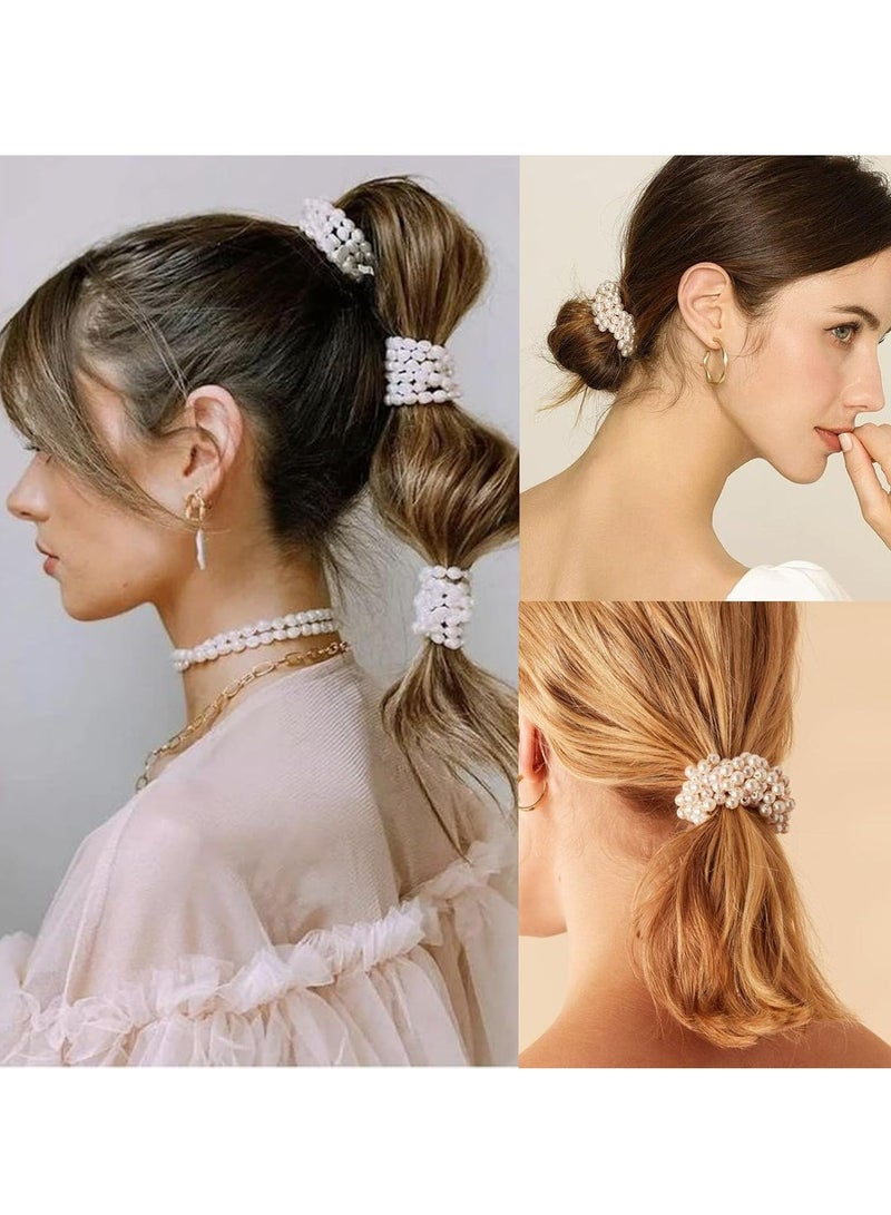 إسكدنيا 6 قطع ربطات شعر مرنة من اللؤلؤ، ربطات شعر مرنة من اللؤلؤ للنساء والفتيات باللون الأبيض والذهبي والوردي - Image 4