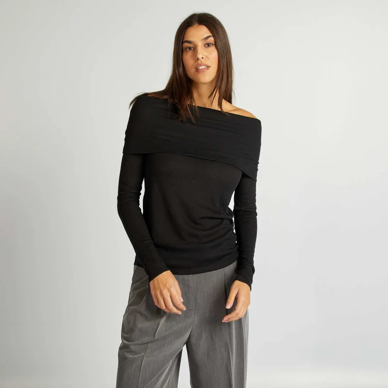 Kiabi Bardot Neckline T-Shirt Black