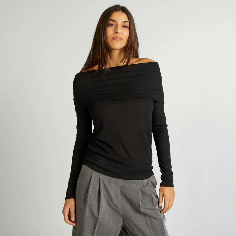 Kiabi Bardot Neckline T-Shirt Black