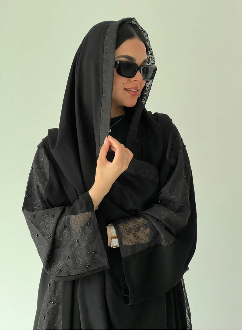 Lusin Abaya Black Royal Crepe Abaya with Black Embroidery on Sleeves & Sides