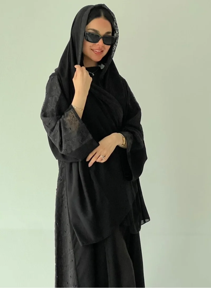 Lusin Abaya Black Royal Crepe Abaya with Black Embroidery on Sleeves & Sides