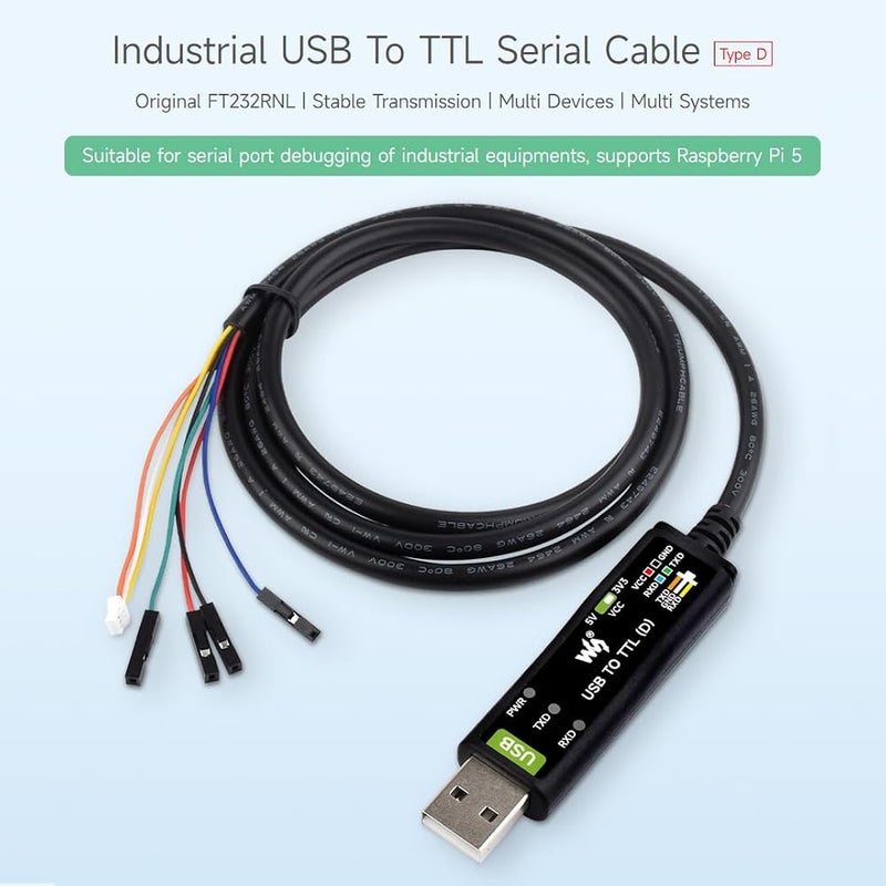 ويف شير 1 كابل تسلسلي صناعي من Waveshare USB إلى TTL (D)، شريحة FT232RNL، دوائر حماية متعددة، لأنظمة Win7/8/10/11/Mac/Linux، مع رأس 4 دبابيس وموصل SH1.0 ثلاثي الأطراف، لتصحيح أخطاء المنفذ التسلسلي لـ Raspberry Pi 5 - Image 3