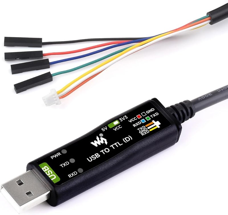 ويف شير 1 كابل تسلسلي صناعي من Waveshare USB إلى TTL (D)، شريحة FT232RNL، دوائر حماية متعددة، لأنظمة Win7/8/10/11/Mac/Linux، مع رأس 4 دبابيس وموصل SH1.0 ثلاثي الأطراف، لتصحيح أخطاء المنفذ التسلسلي لـ Raspberry Pi 5 - Image 1