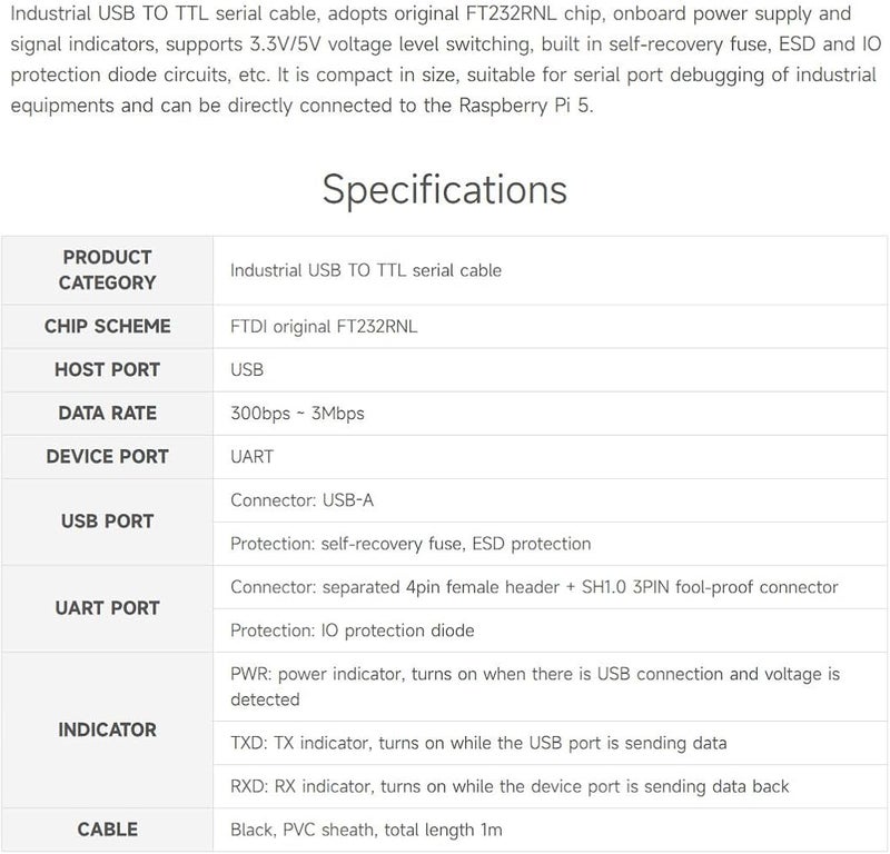 ويف شير 1 كابل تسلسلي صناعي من Waveshare USB إلى TTL (D)، شريحة FT232RNL، دوائر حماية متعددة، لأنظمة Win7/8/10/11/Mac/Linux، مع رأس 4 دبابيس وموصل SH1.0 ثلاثي الأطراف، لتصحيح أخطاء المنفذ التسلسلي لـ Raspberry Pi 5 - Image 4