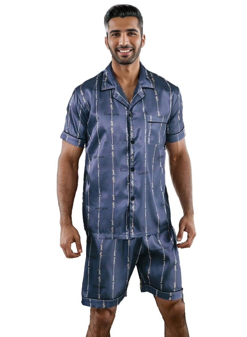 RuanMM Men's Classic Silk Satin Pajama Set Short Sleeve Sleepwear Button Loungewear with short Pants | blue  - Image 1