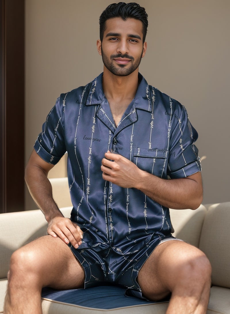 RuanMM Men's Classic Silk Satin Pajama Set Short Sleeve Sleepwear Button Loungewear with short Pants | blue  - Image 3