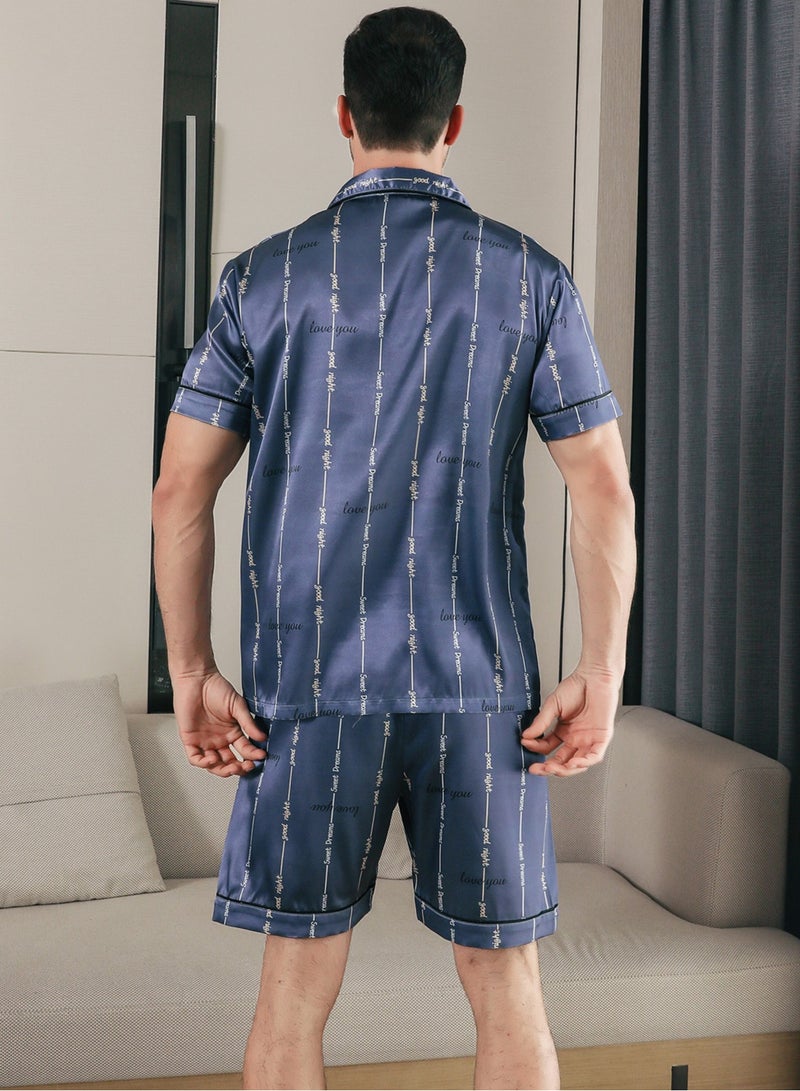 RuanMM Men's Classic Silk Satin Pajama Set Short Sleeve Sleepwear Button Loungewear with short Pants | blue  - Image 4