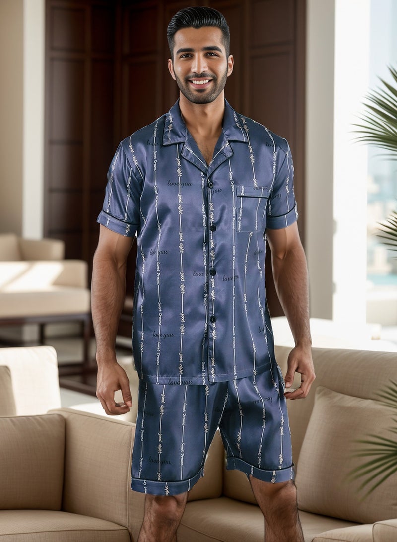 RuanMM Men's Classic Silk Satin Pajama Set Short Sleeve Sleepwear Button Loungewear with short Pants | blue  - Image 2