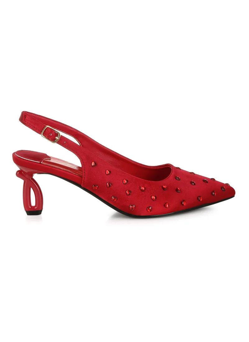 London Rag Heart-Shaped Rhinestone Studded Slingbacks in Burgundy