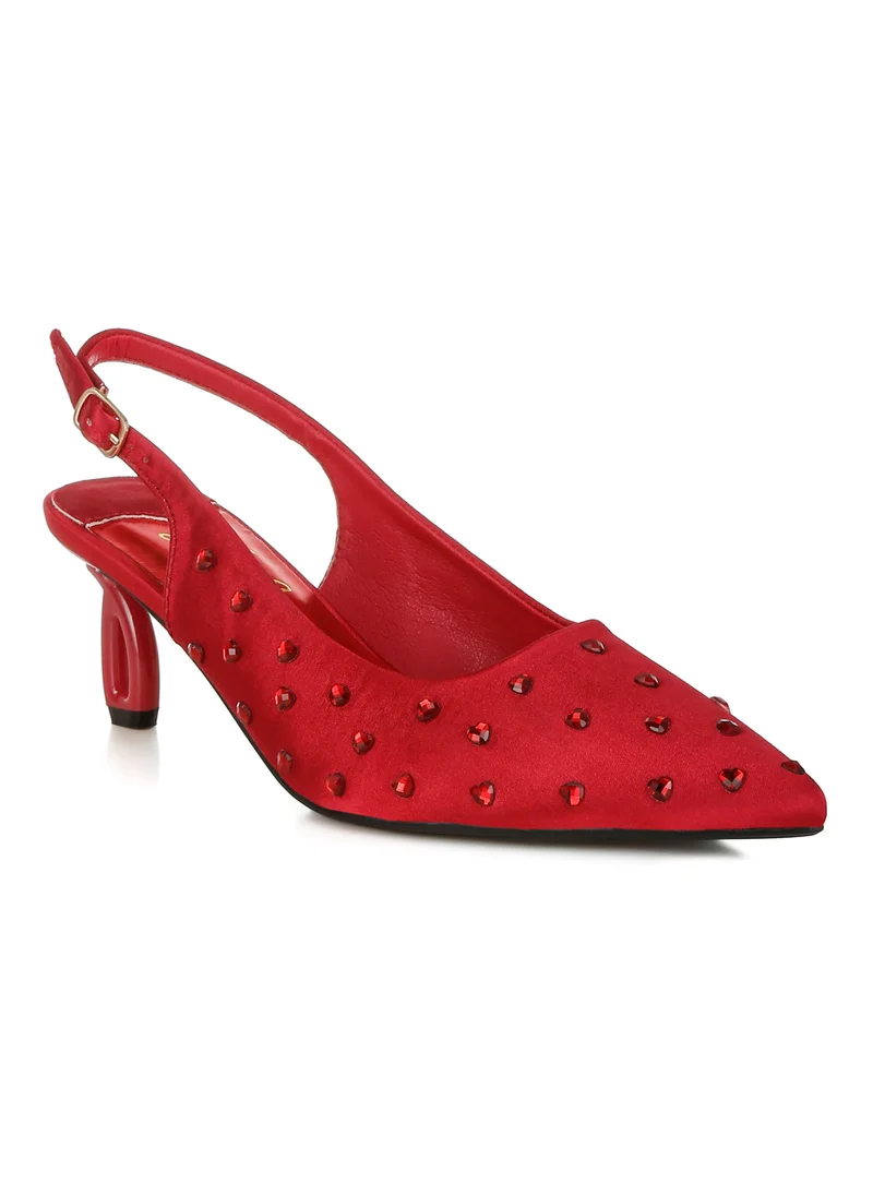 London Rag Heart-Shaped Rhinestone Studded Slingbacks in Burgundy