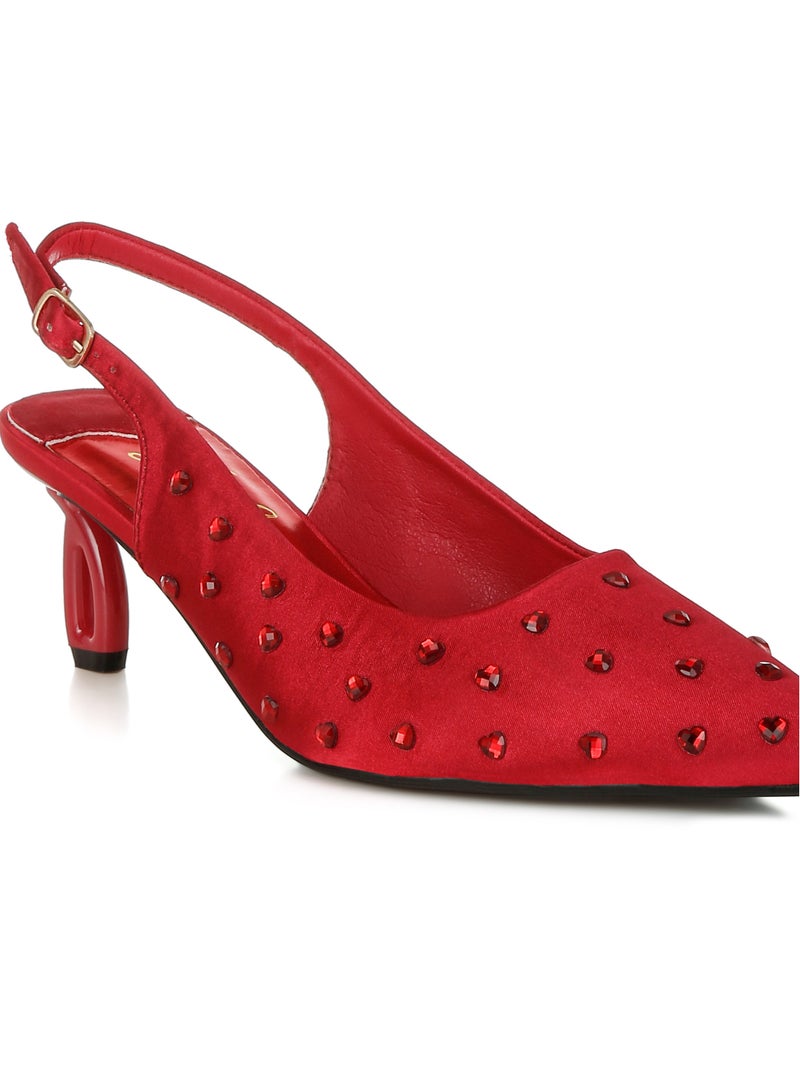 London Rag Heart-Shaped Rhinestone Studded Slingbacks in Burgundy  - Image 5