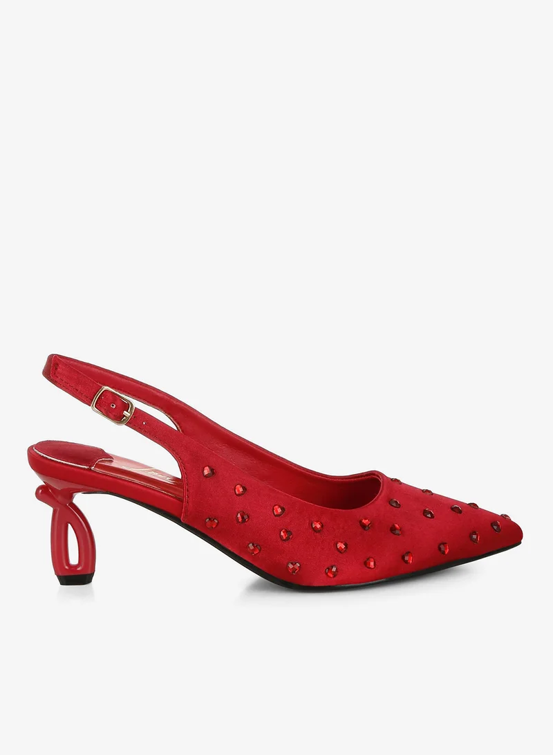Heart-Shaped Rhinestone Studded Slingbacks in Burgundy