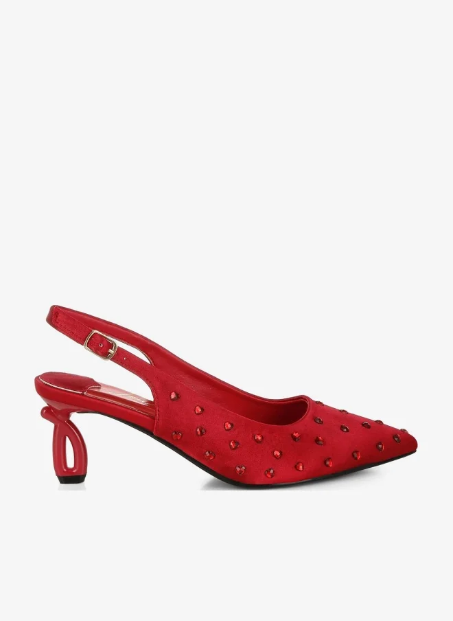 Heart-Shaped Rhinestone Studded Slingbacks in Burgundy