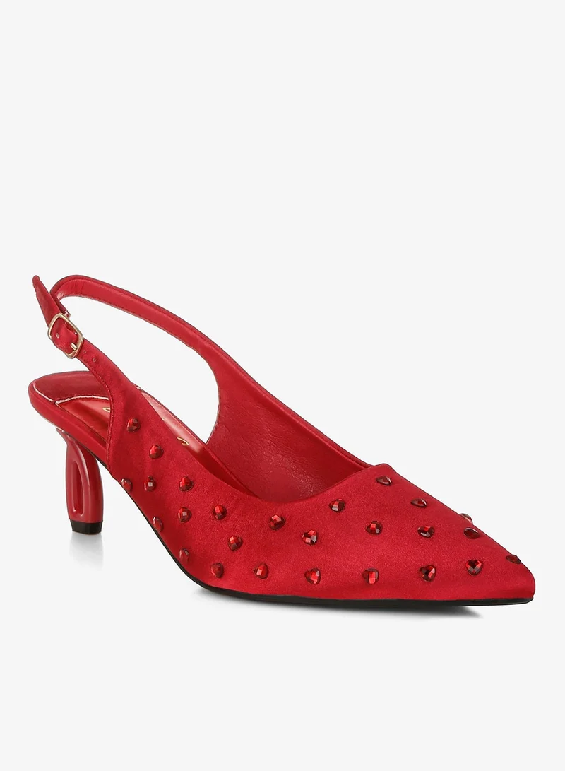 London Rag BURGUNDY Heart-Shaped Rhinestone Studded Slingbacks in Burgundy for Women | Best Price UAE