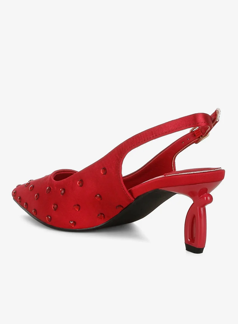 London Rag BURGUNDY Heart-Shaped Rhinestone Studded Slingbacks in Burgundy for Women | Best Price UAE