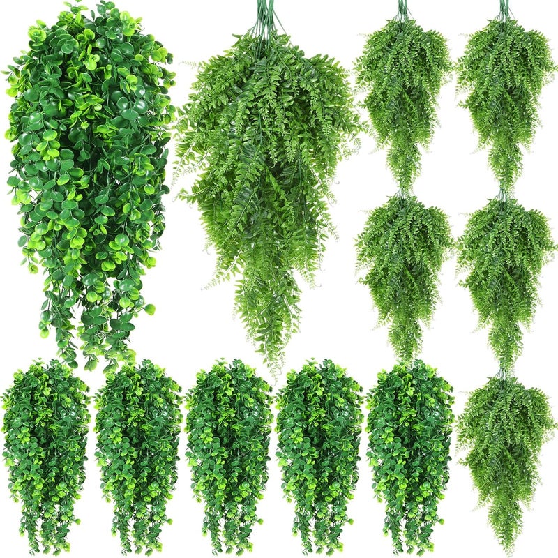 Hoteam 12 Pcs Artificial Hanging Plants 32 Inch Fake Ivy Vines with Fake Leaves Patio Artificial Plants Greenery for Living Room Indoor Outdoor Wall, No Basket (Eucalyptus,Persian Grass) - Image 1