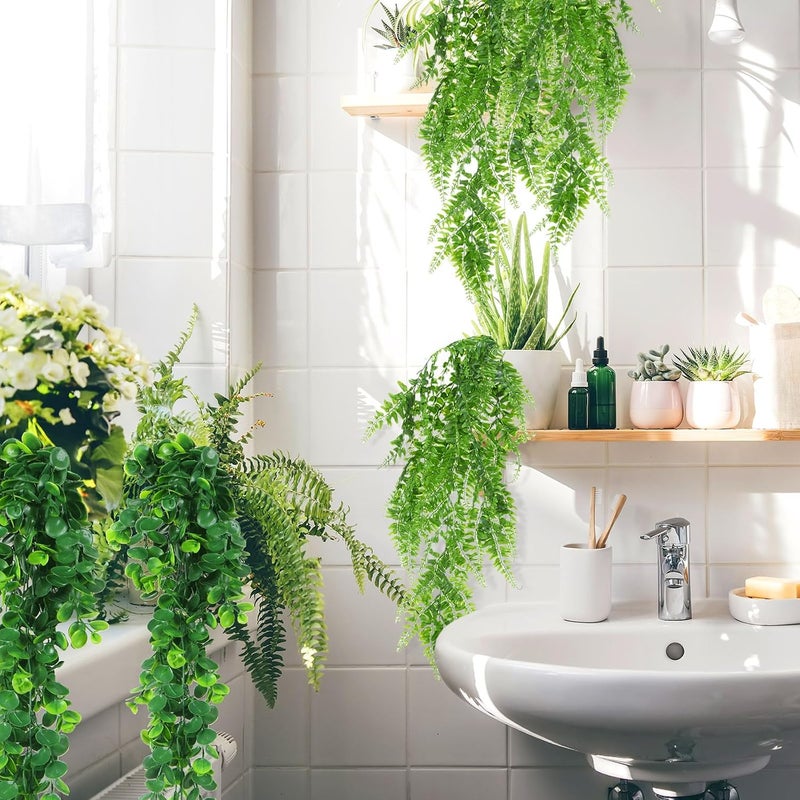 Hoteam 12 Pcs Artificial Hanging Plants 32 Inch Fake Ivy Vines with Fake Leaves Patio Artificial Plants Greenery for Living Room Indoor Outdoor Wall, No Basket (Eucalyptus,Persian Grass) - Image 3
