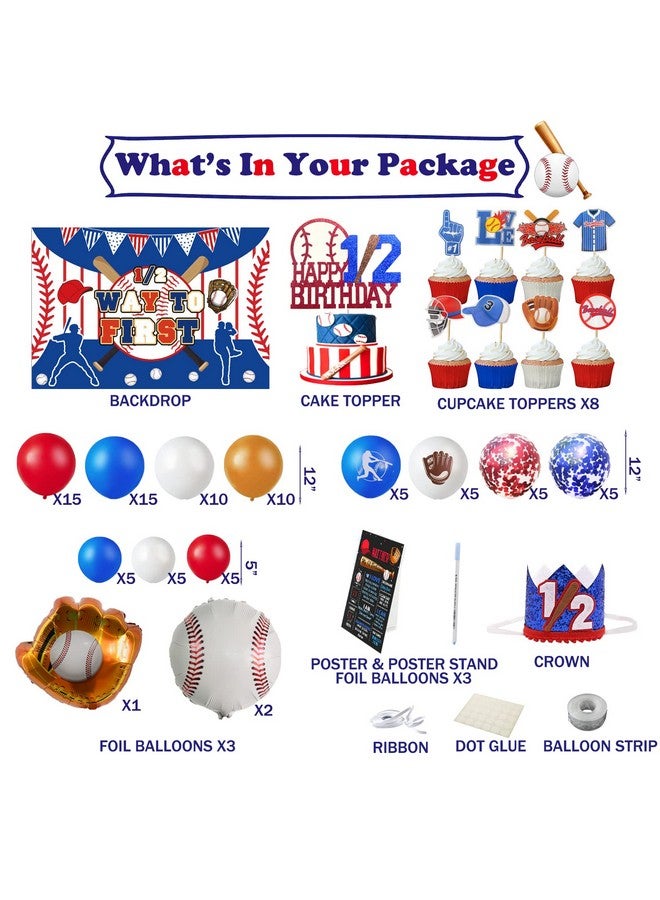 Hombae 101 Pcs Baseball Half Birthday Party Decorations Hombae Concession Baseball It’S My 1/2 Way To First Backdrop Balloon Garland Arch Cake Cupcake Topper Crown Poster Baseball Glove Bat 6 Months Blue - Image 3