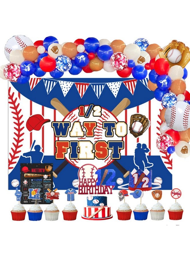Hombae 101 Pcs Baseball Half Birthday Party Decorations Hombae Concession Baseball It’S My 1/2 Way To First Backdrop Balloon Garland Arch Cake Cupcake Topper Crown Poster Baseball Glove Bat 6 Months Blue - Image 1