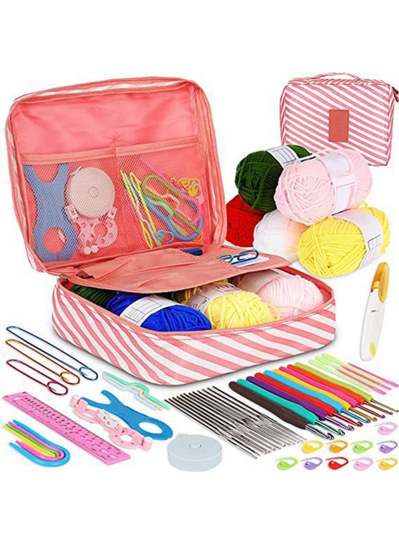 Captaintech Beginners Adults/Kids Complete Crochet Set, Yarn Crochet Instruction Crochet Hook Storage Case Knitting & Crochet Supplies Ideal Crochet Gift, Crocheter Beginner (Pink Stripe) - Image 1
