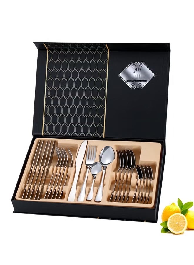 24 قطعة من الفولاذ المقاوم للصدأ نوعية الأواني مع السكاكين والشوكات والملاعق، المرآة مصقولة الأواني الأواني مجموعة الفضة - Image 1