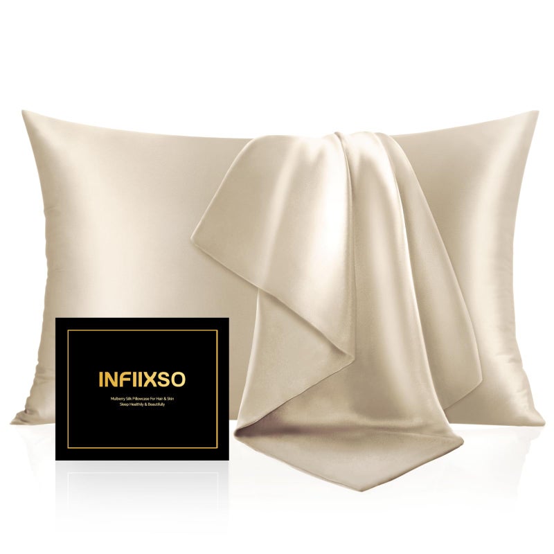 INFIIXSO Mulberry Silk Pillowcase for Hair and Skin, Silk Pillow Cases Standard Size with Hidden Zipper 20x26 Inches, Extraordinary Smooth and Soft Cooling Pillow Cases for Hot Sleepers(Beige, 1 Pack) - Image 1