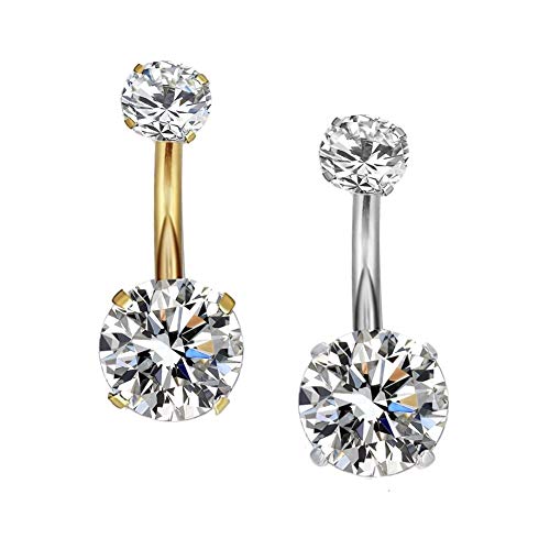YHMM 14G Surgical Steel Gold Belly Button Rings, Internally Threaded 12mm Long Round CZ Navel Barbell Stud for Women Men (2 Pcs Clear, Gold+Silver) - Image 1