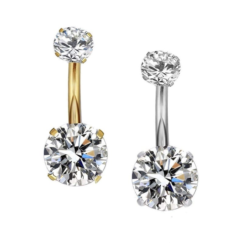 YHMM 14G Surgical Steel Gold Belly Button Rings, Internally Threaded 12mm Long Round CZ Navel Barbell Stud for Women Men (2 Pcs Clear, Gold+Silver) - Image 2