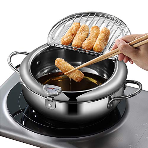 DIY HOME Deep Fryer Pot, Japanese Tempura Frying Pot 304 Stainless Steel Small Deep Fryer with Thermometer,Lid And Oil Drip Drainer Rack for French Fries Shrimp Chicken Wings and Shrimp (24cm/9.4inch) - Image 1