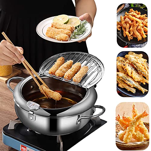 DIY HOME Deep Fryer Pot, Japanese Tempura Frying Pot 304 Stainless Steel Small Deep Fryer with Thermometer,Lid And Oil Drip Drainer Rack for French Fries Shrimp Chicken Wings and Shrimp (24cm/9.4inch) - Image 2