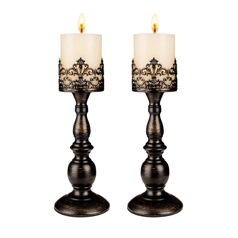 Candle Holders for Pillar Candles Gothic Matte Black Vintage Tall Candle Holders Set of 2 Decorative Large Table Centerpieces Candle Stand Decor Distressed Black 2PCS A