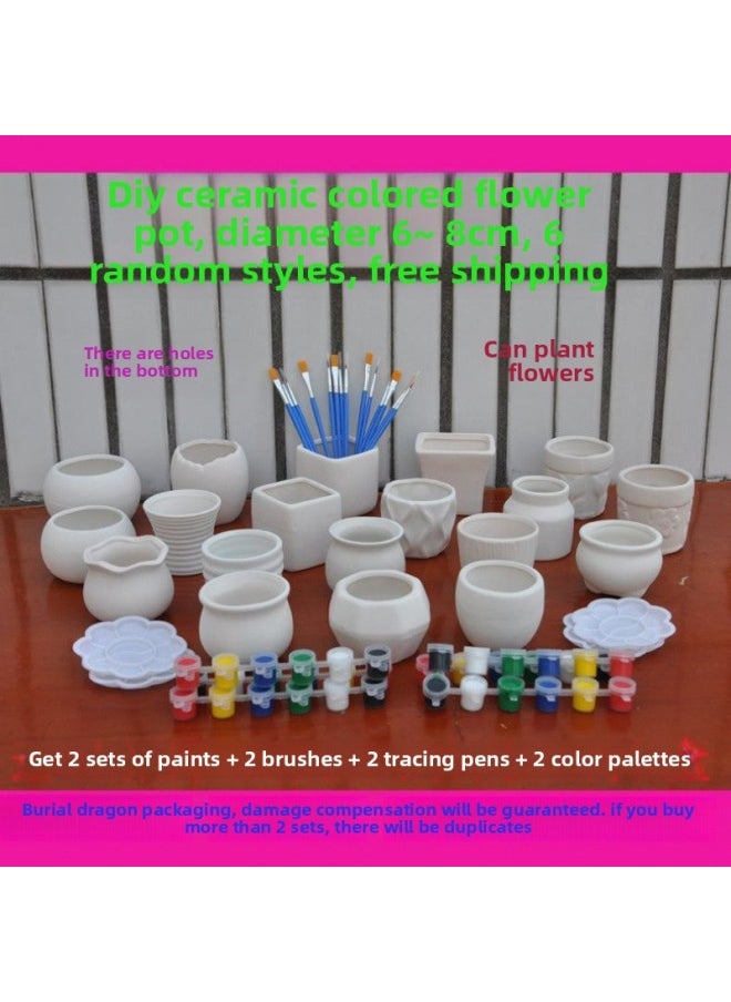 Generic - Ceramic Vase Ceramic Art Fleshy Flower Pot Painted Hand-painted White Embryo Mold Parent-child Children's Graffiti Vase-Color:19-20 Vase Comes With 2 Paints + Tools - Image 1