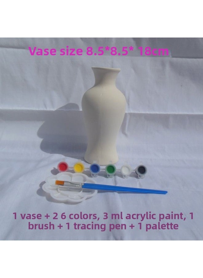 Generic - Ceramic Vase Ceramic Art Fleshy Flower Pot Painted Hand-painted White Embryo Mold Parent-child Children's Graffiti Vase-Color:19-20 Vase Comes With 2 Paints + Tools - Image 1